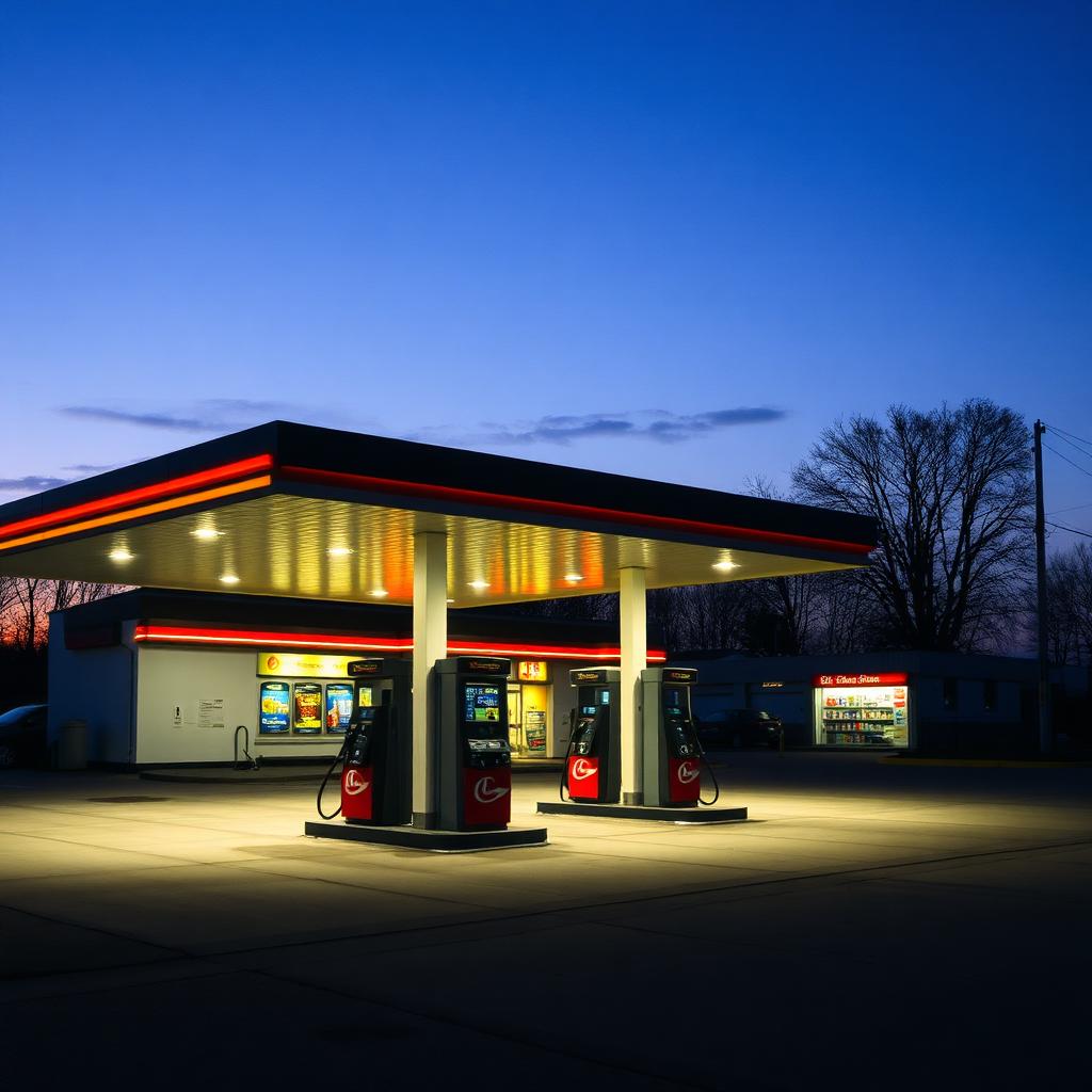 Petrol station forecourt at night